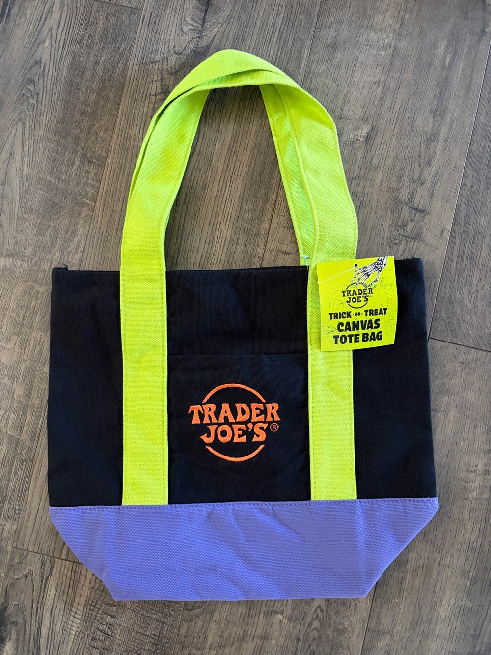 Trader Joe’s Black Canvas Tote Bag with Lime Handles and Purple Base